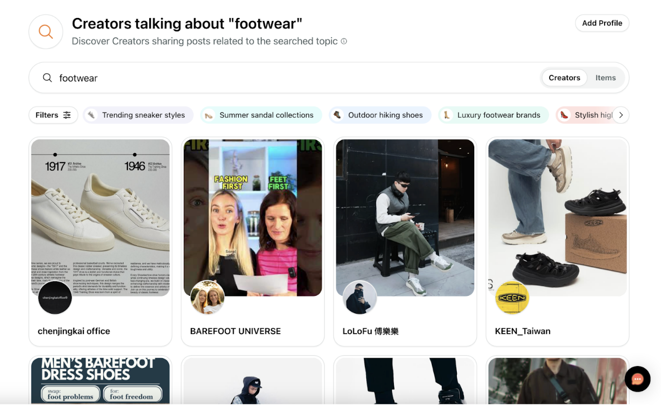 Sprout Social Influencer Marketing list of recommended creators that talk about footwear